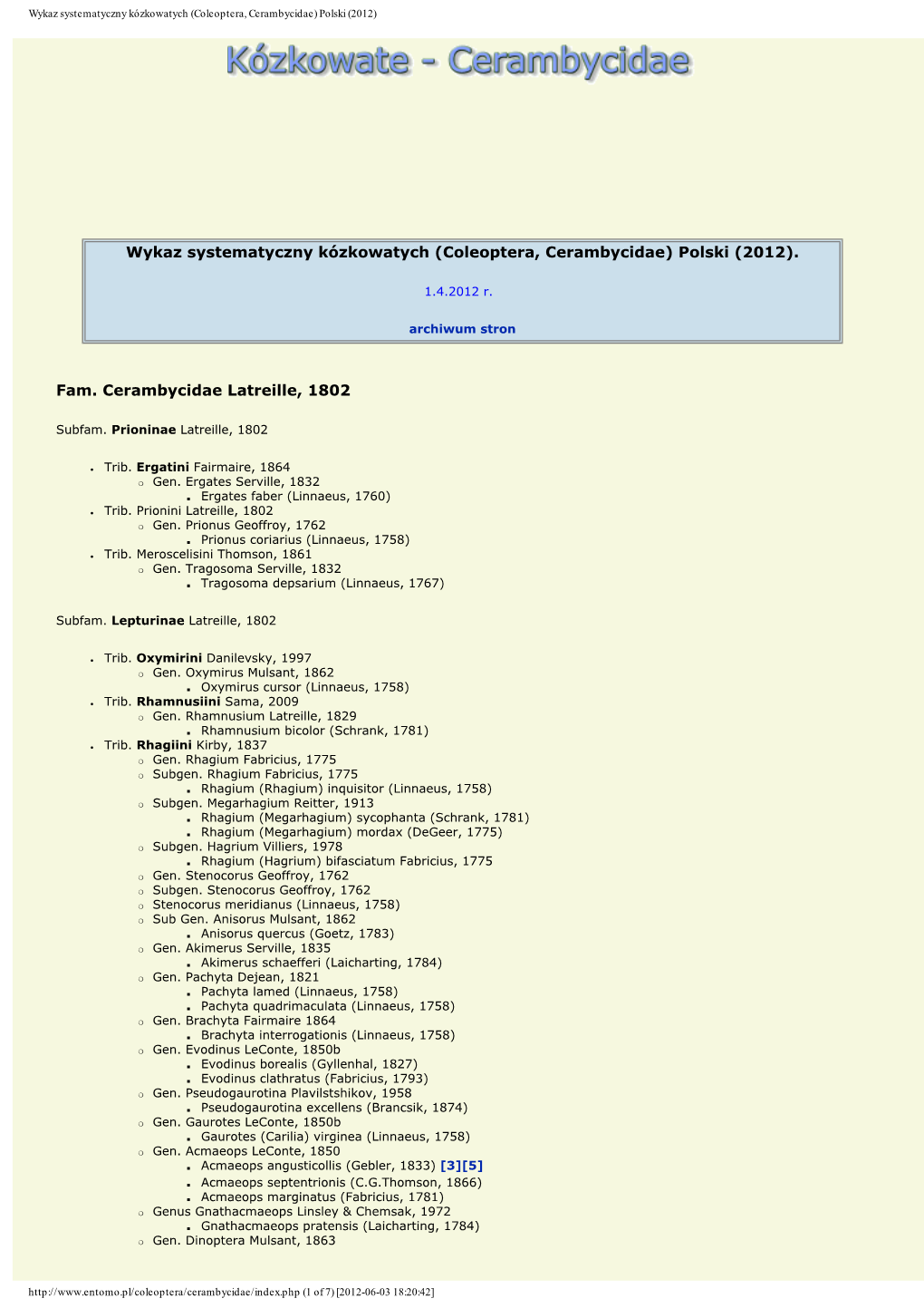 Wykaz Systematyczny Kózkowatych (Coleoptera, Cerambycidae) Polski (2012)