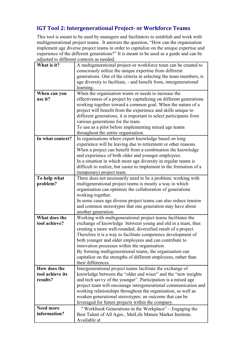 IGT Tool 2: Intergenerational Project- Or Workforce Teams