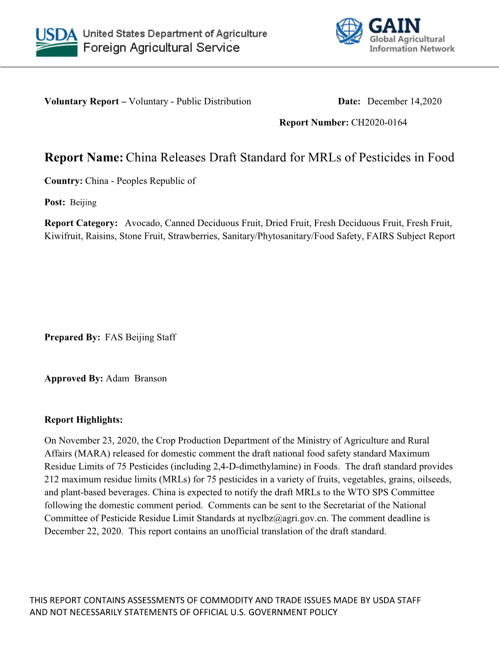 Report Name:China Releases Draft Standard for Mrls of Pesticides In