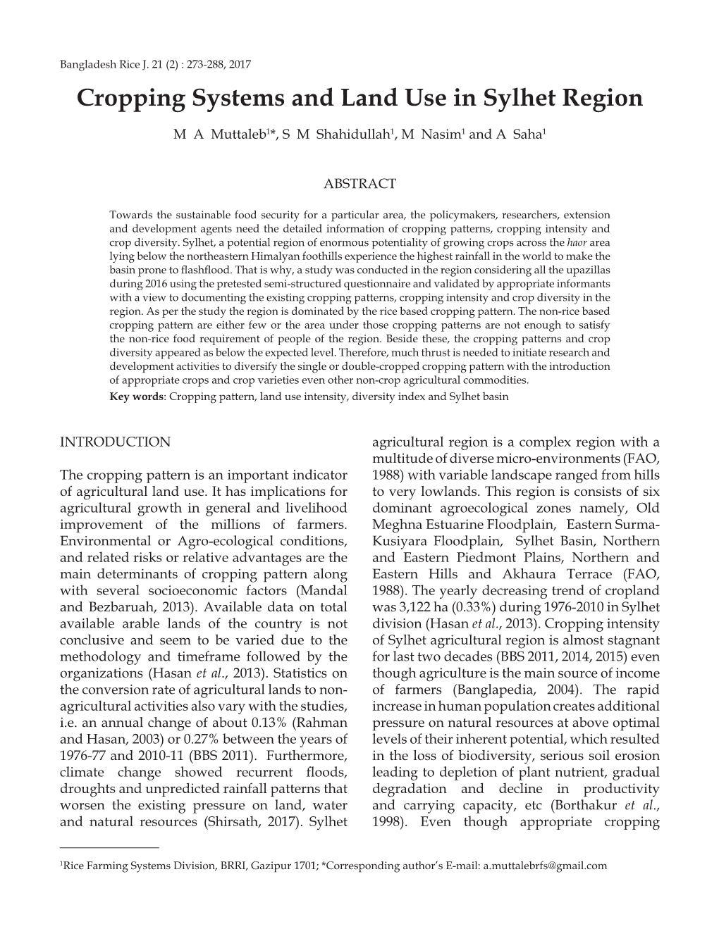 Cropping Systems and Land Use in Sylhet Region