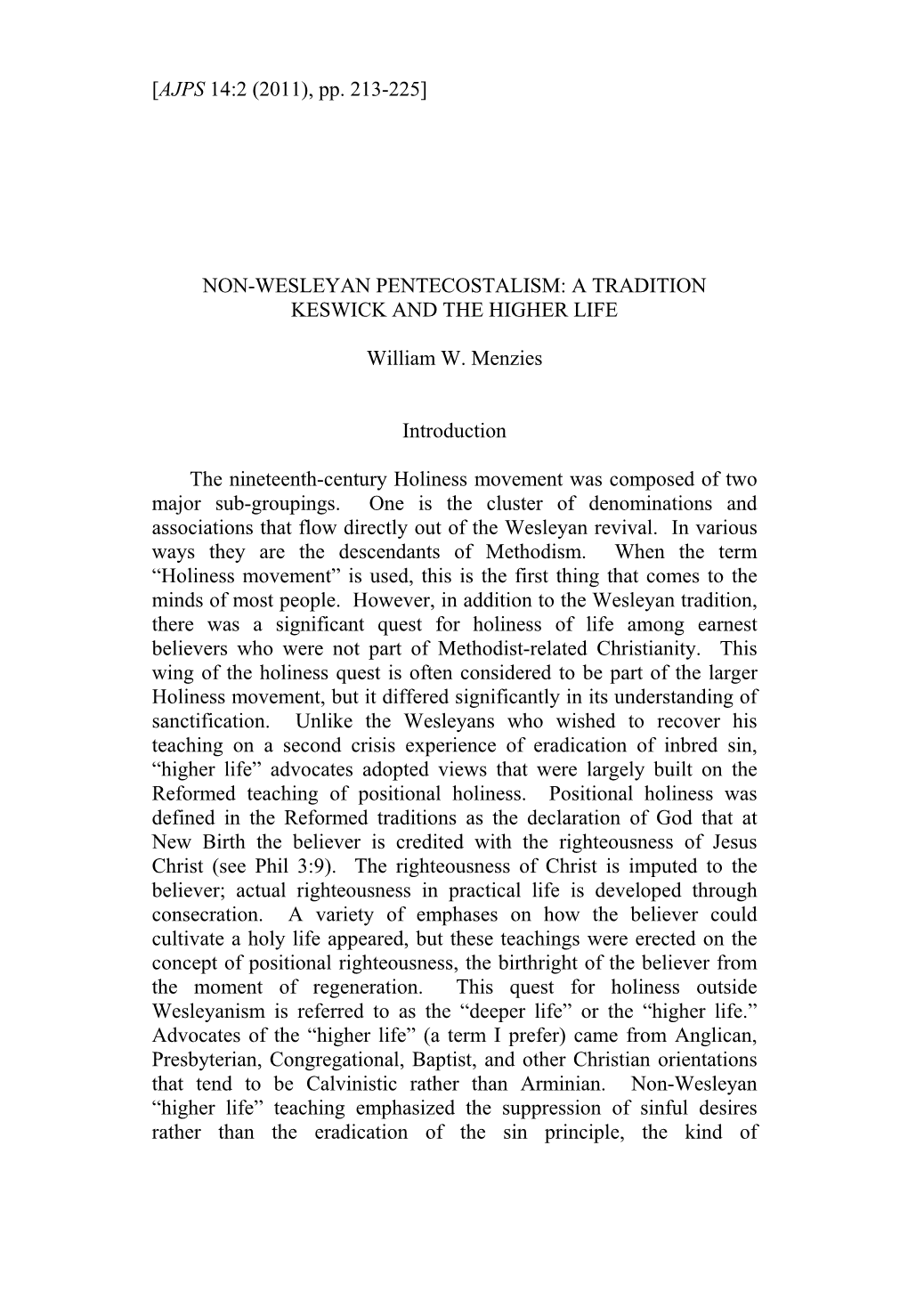 A TRADITION KESWICK and the HIGHER LIFE William W. Menzies