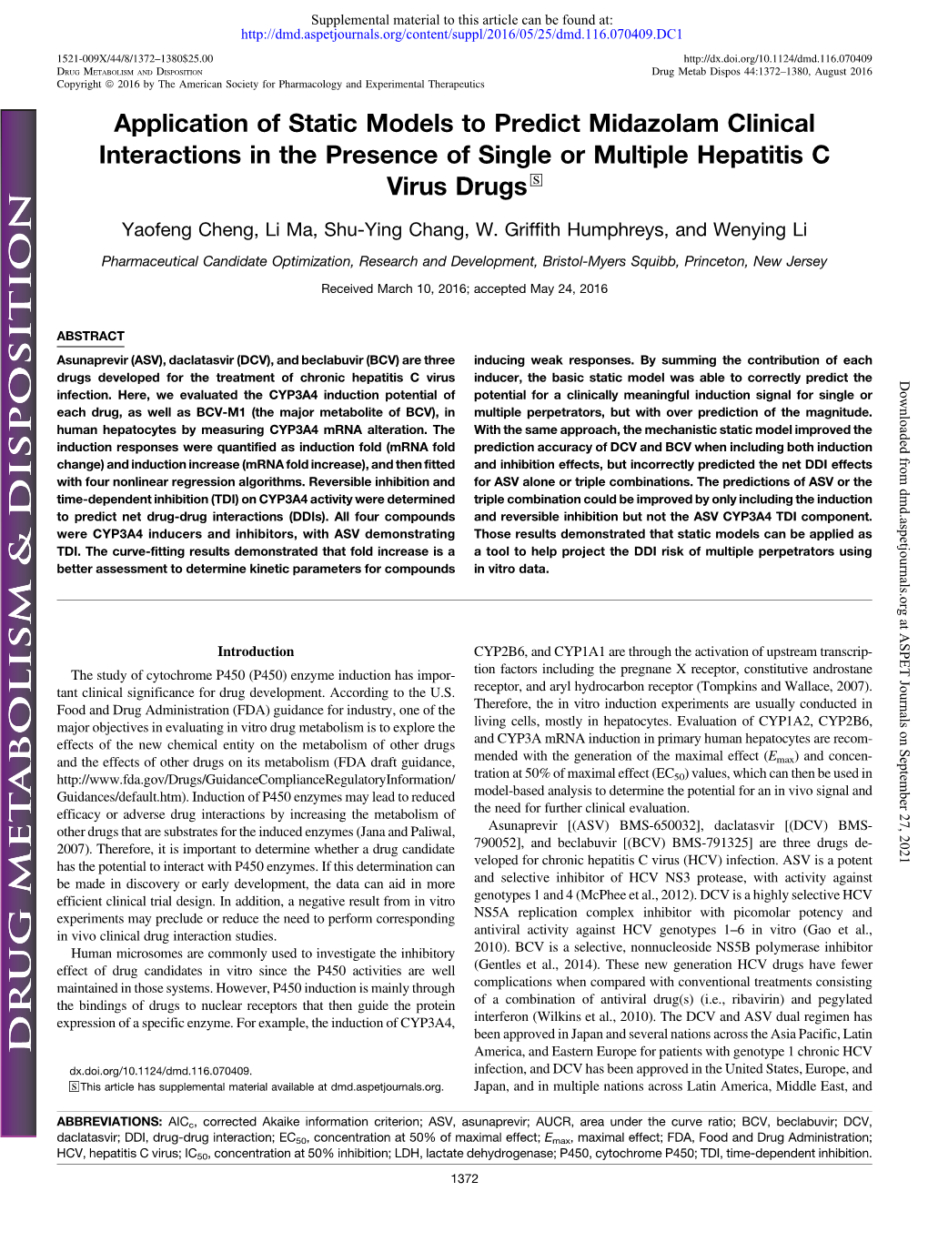 Application of Static Models to Predict Midazolam Clinical Interactions in the Presence of Single Or Multiple Hepatitis C Virus Drugs S