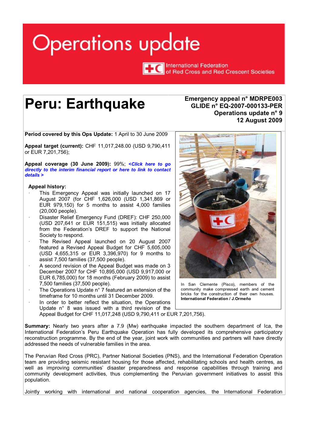 Peru: Earthquake GLIDE N° EQ-2007-000133-PER Operations Update N° 9 12 August 2009