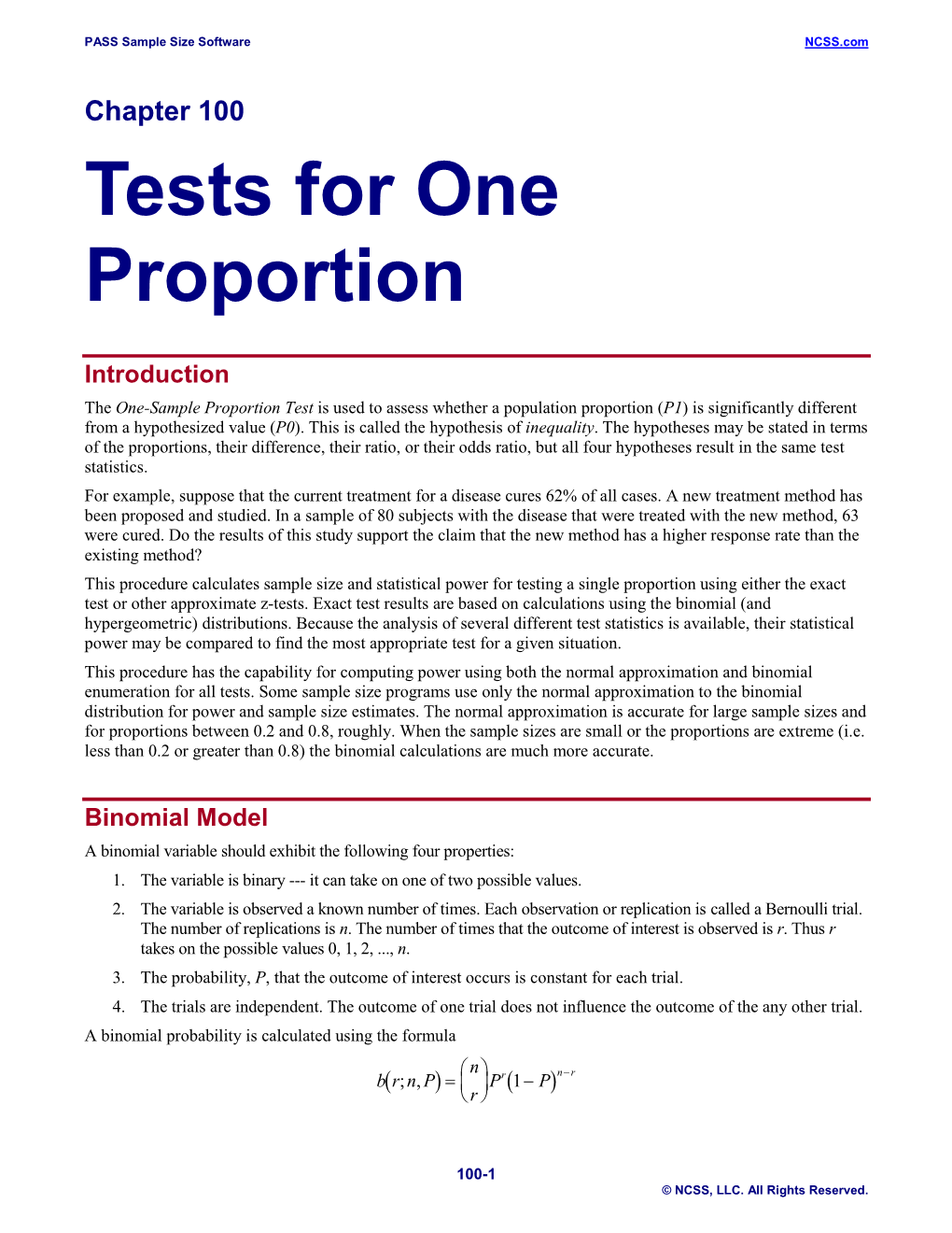 Tests for One Proportion