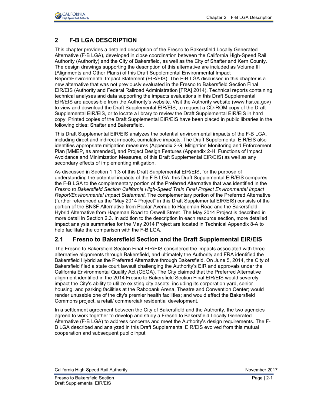 2 F-B LGA DESCRIPTION 2.1 Fresno to Bakersfield Section and the Draft