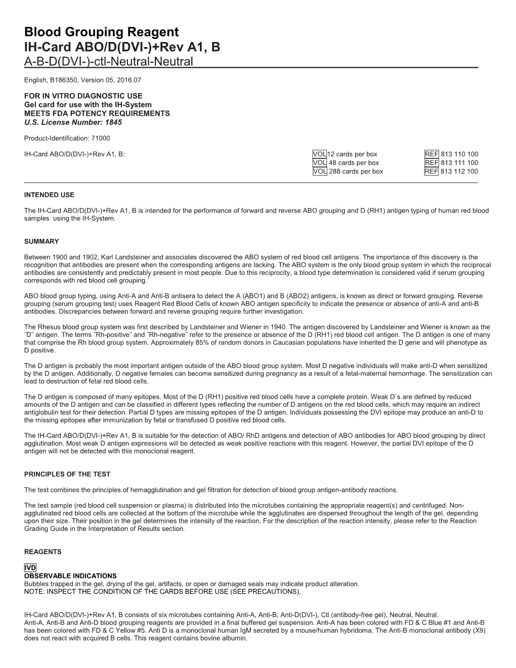 Blood Grouping Reagent IH-Card ABO/D(DVI-)+Rev A1, B A-B-D(DVI-)-Ctl-Neutral-Neutral