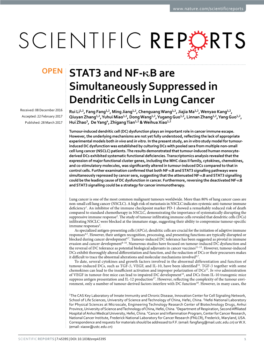 STAT3 and NF-Κb Are Simultaneously Suppressed in Dendritic Cells in Lung Cancer