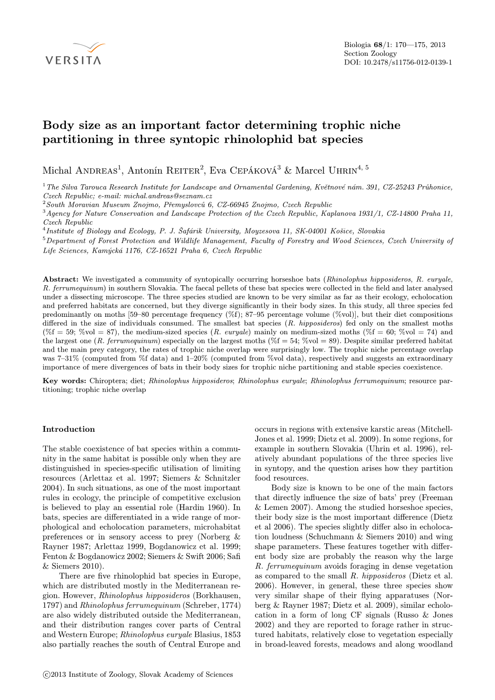 Body Size As an Important Factor Determining Trophic Niche Partitioning in Three Syntopic Rhinolophid Bat Species