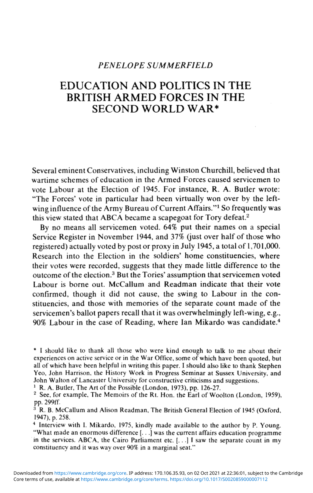 Education and Politics in the British Armed Forces in the Second World War*