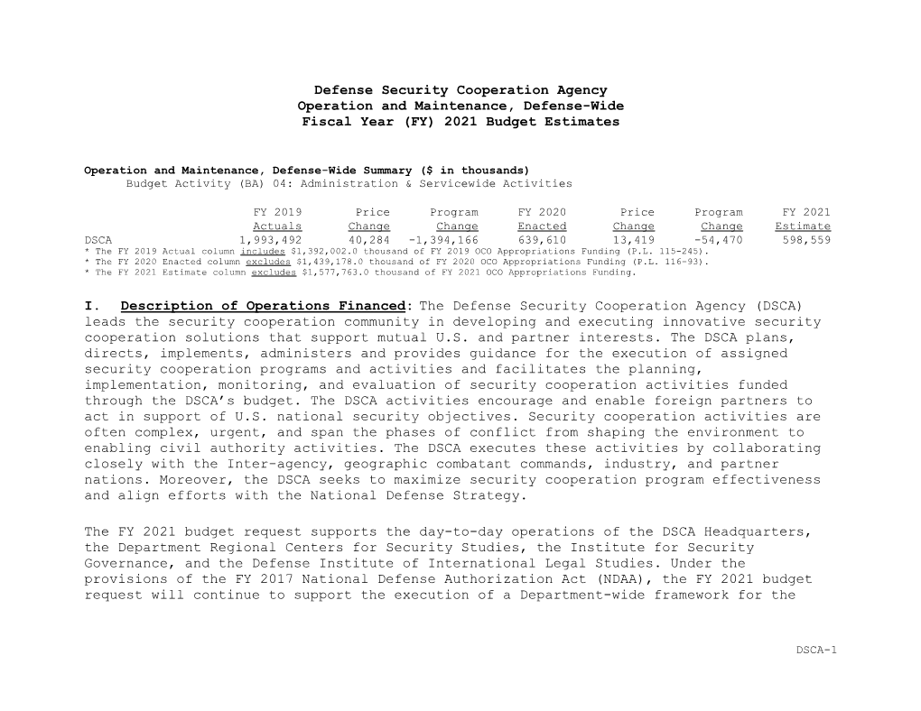 Defense Security Cooperation Agency Operation and Maintenance, Defense-Wide Fiscal Year (FY) 2021 Budget Estimates