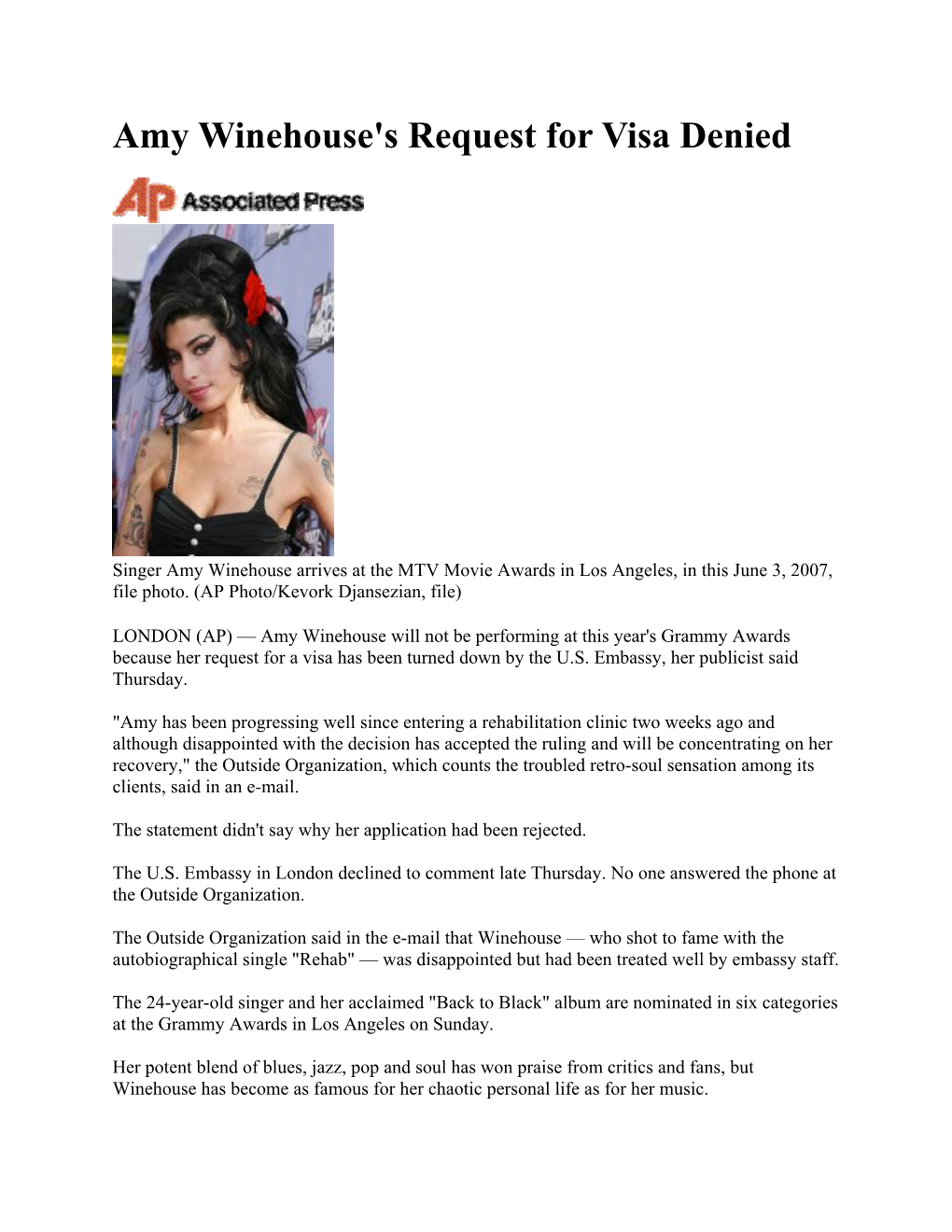 Amy Winehouse's Request for Visa Denied