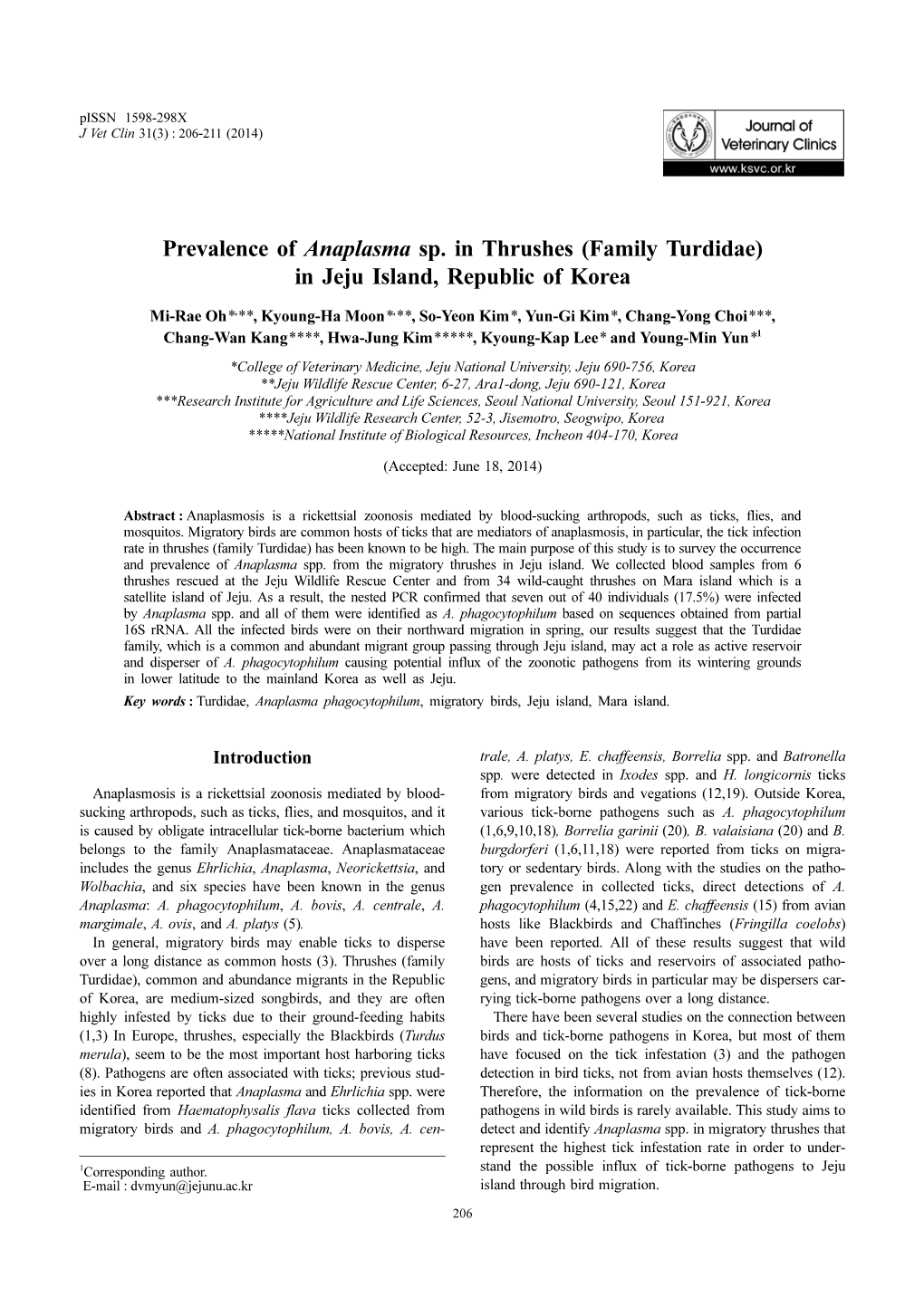 Prevalence of Anaplasma Sp. in Thrushes (Family Turdidae) in Jeju Island, Republic of Korea