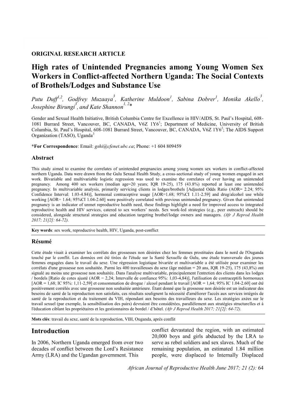 High Rates of Unintended Pregnancies Among Young Women Sex Workers in Conflict-Affected Northern Uganda: the Social Contexts of Brothels/Lodges and Substance Use