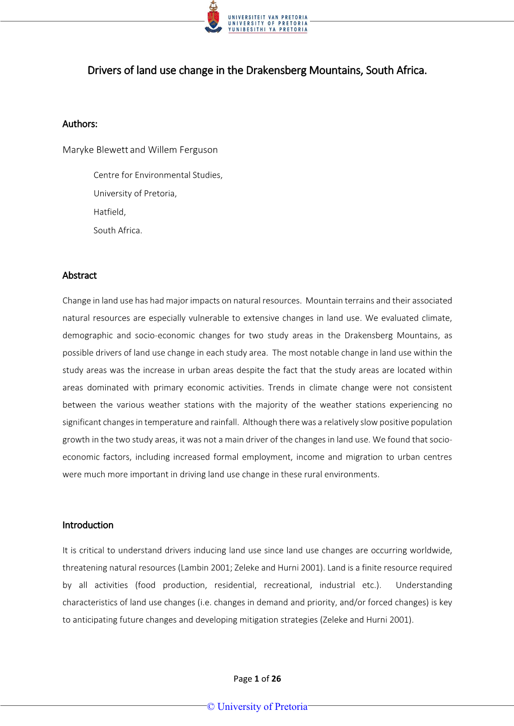 Drivers of Land Use Change in the Drakensberg Mountains, South Africa