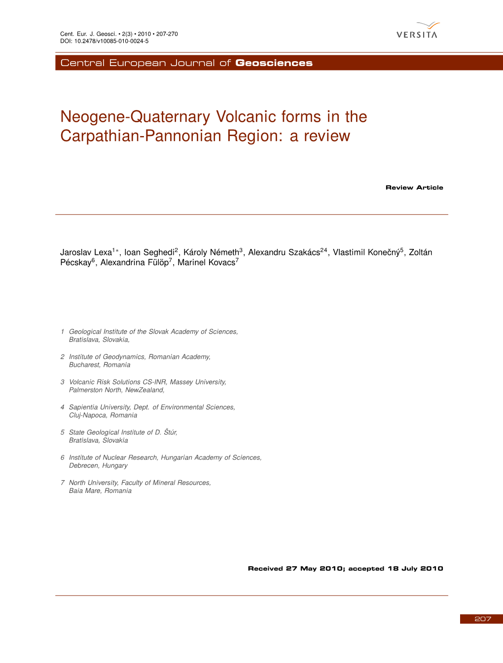 Neogene-Quaternary Volcanic Forms in the Carpathian-Pannonian Region: a Review