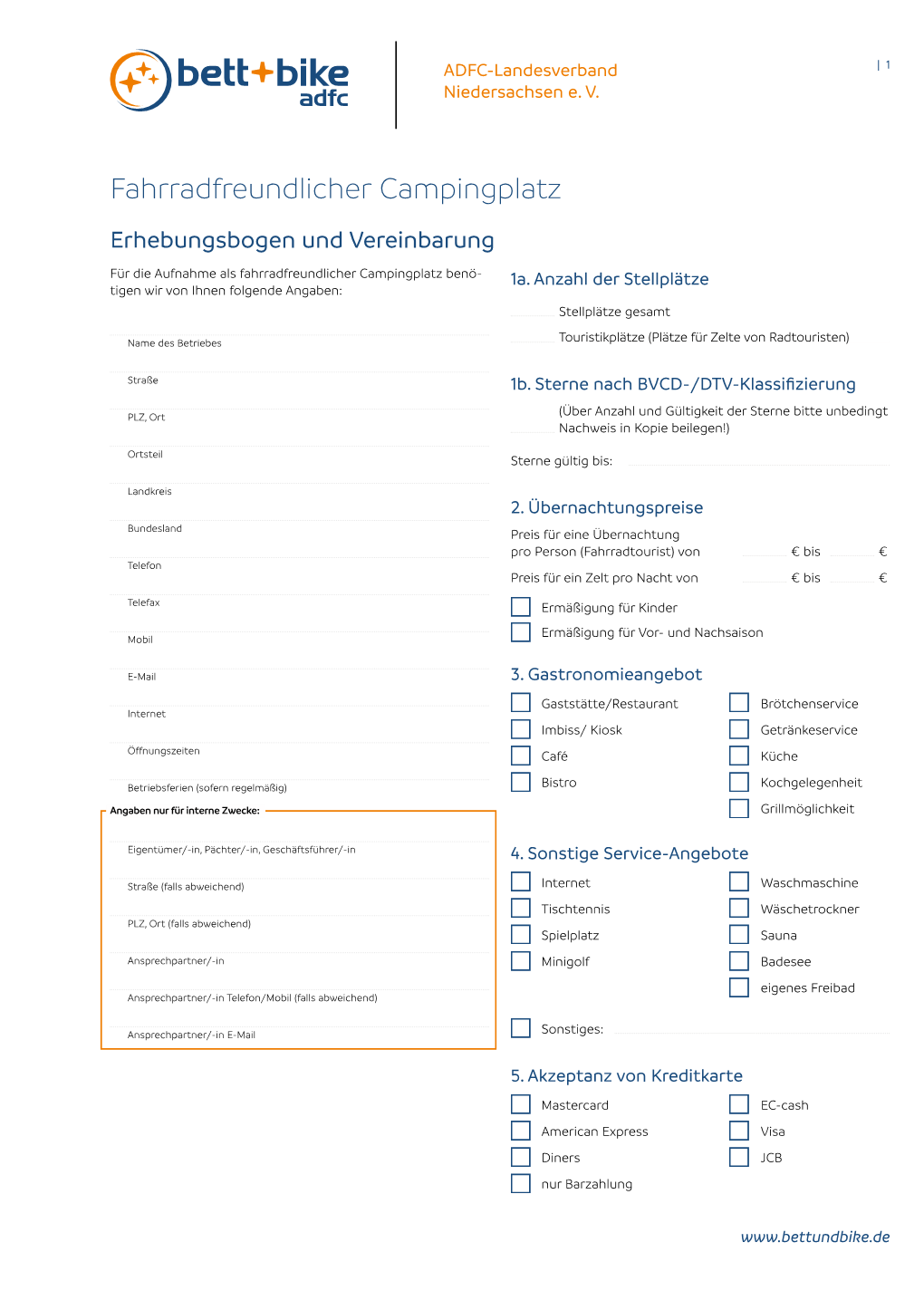 Fahrradfreundlicher Campingplatz Erhebungsbogen Und Vereinbarung Für Die Aufnahme Als Fahrradfreundlicher Campingplatz Benö- 1A