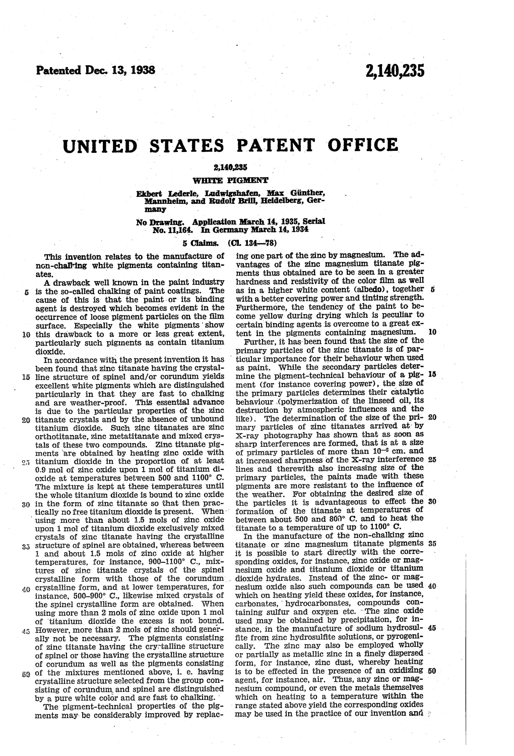 United States Patent Office 2,140,235 W