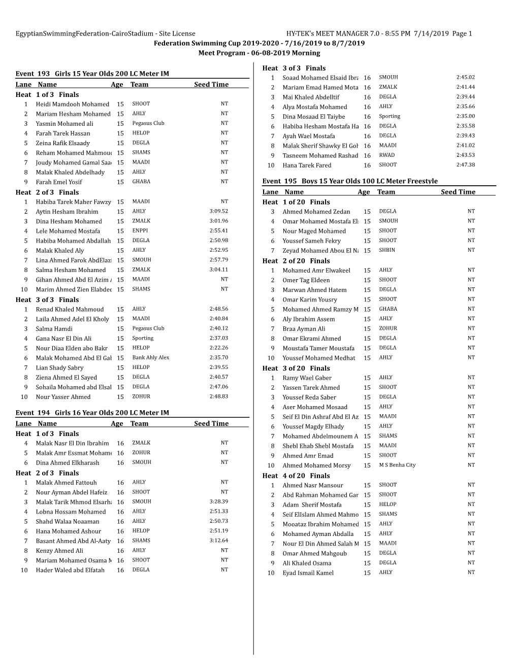 8:55 PM 7/14/2019 Page 1 Federation Swimming Cup 2019-2020 - 7/16/2019 to 8/7/2019 Meet Program - 06-08-2019 Morning