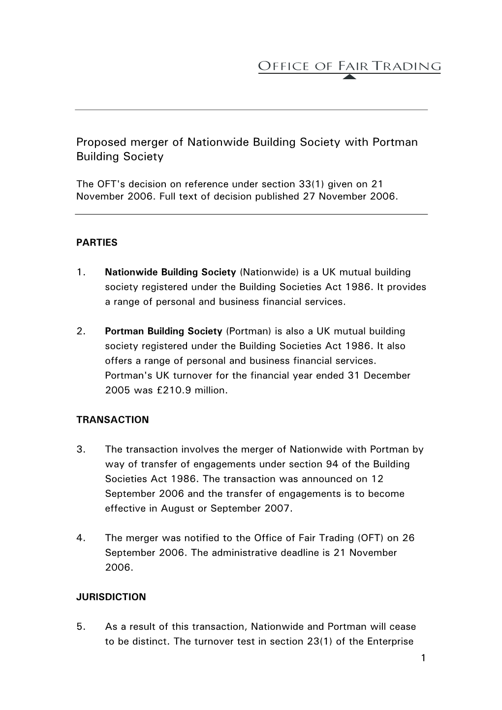 Proposed Merger of Nationwide Building Society with Portman Building Society