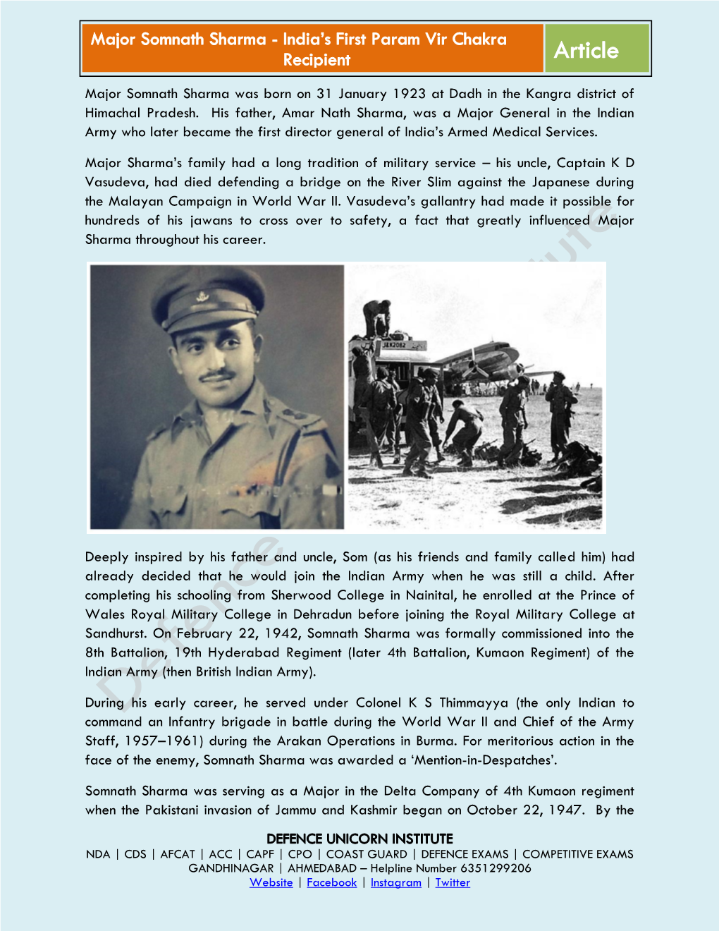 Major Somnath Sharma - India’S First Param Vir Chakra Article Recipient