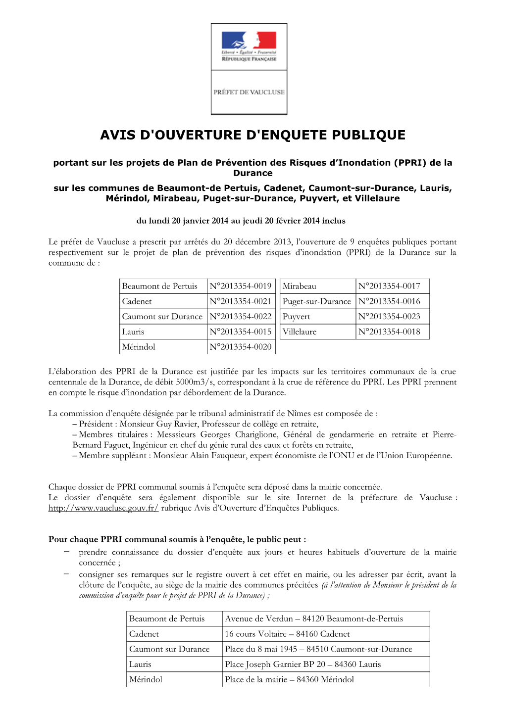 Projet De Plan De Prévention Des Risques D’Inondation (PPRI) De La Durance Sur La Commune De