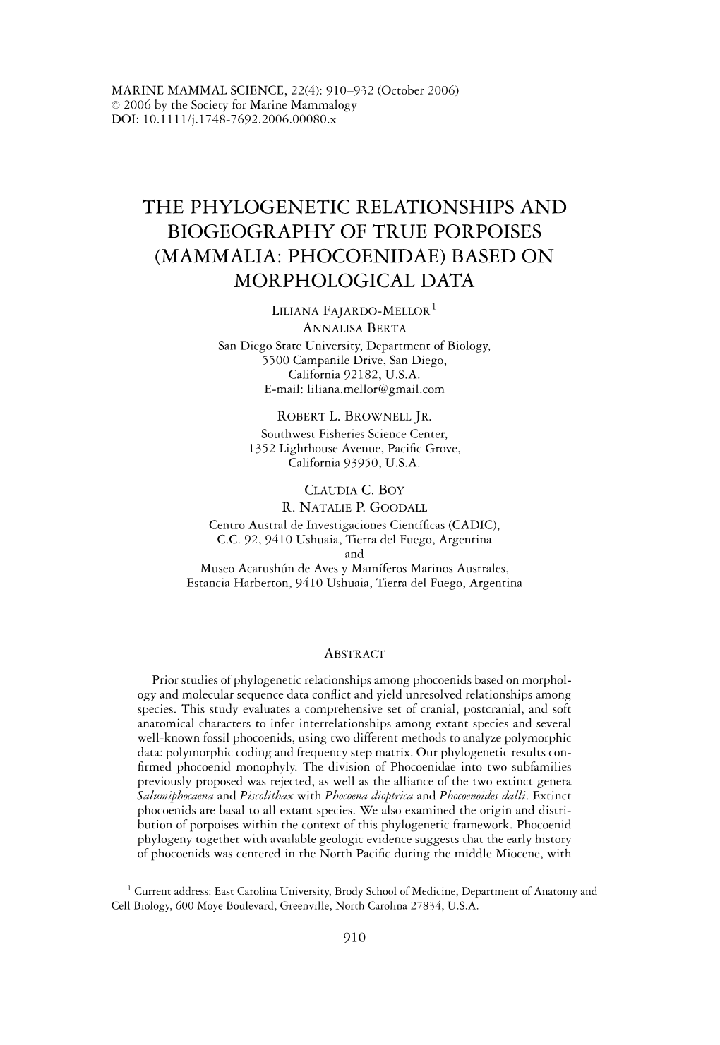 The Phylogenetic Relationships and Biogeography of True Porpoises (Mammalia: Phocoenidae) Based on Morphological Data