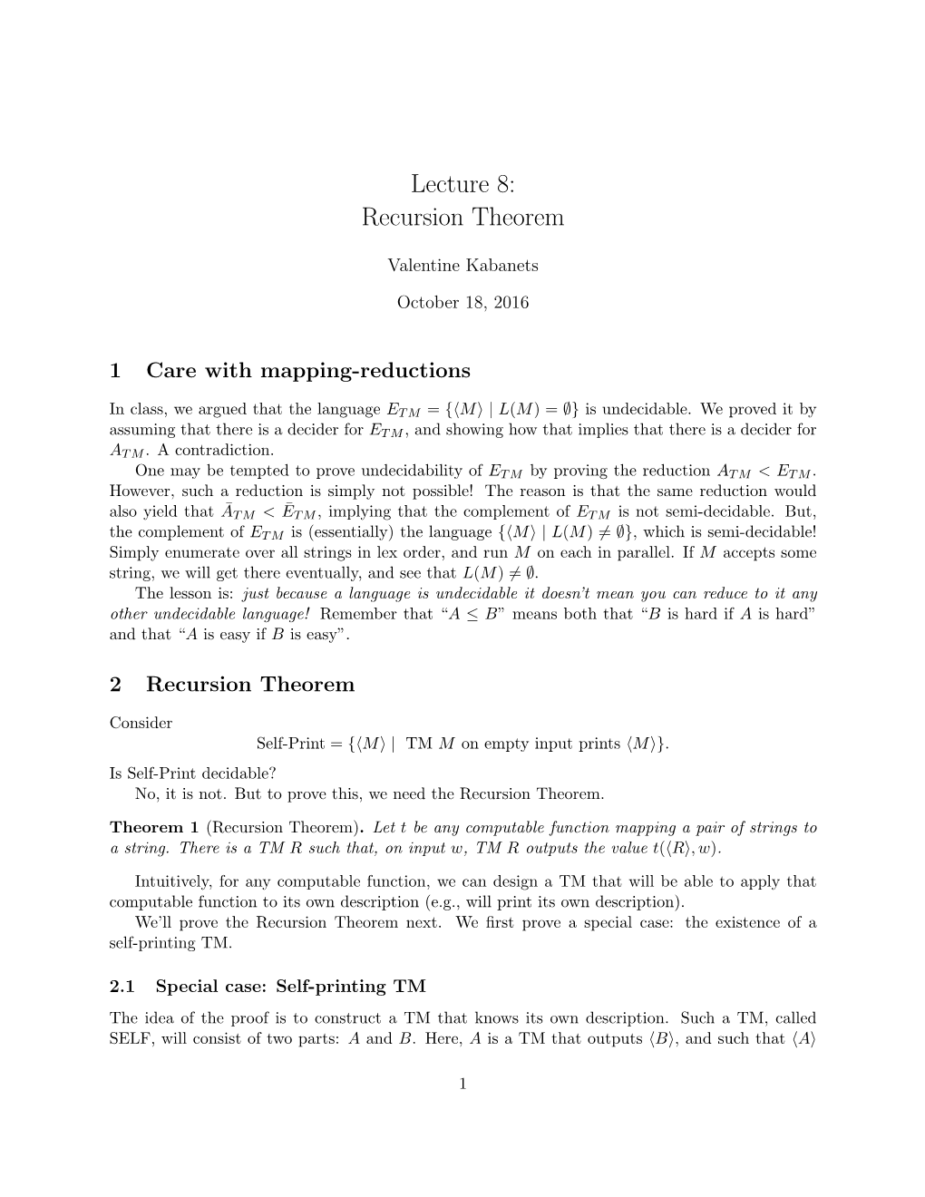 Lecture 8: Recursion Theorem