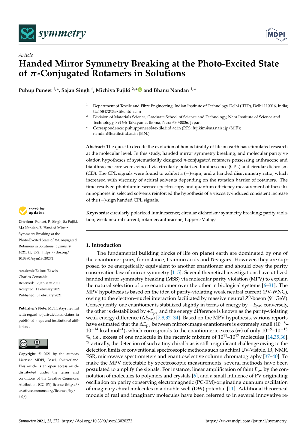 Handed Mirror Symmetry Breaking at the Photo-Excited State of Π-Conjugated Rotamers in Solutions