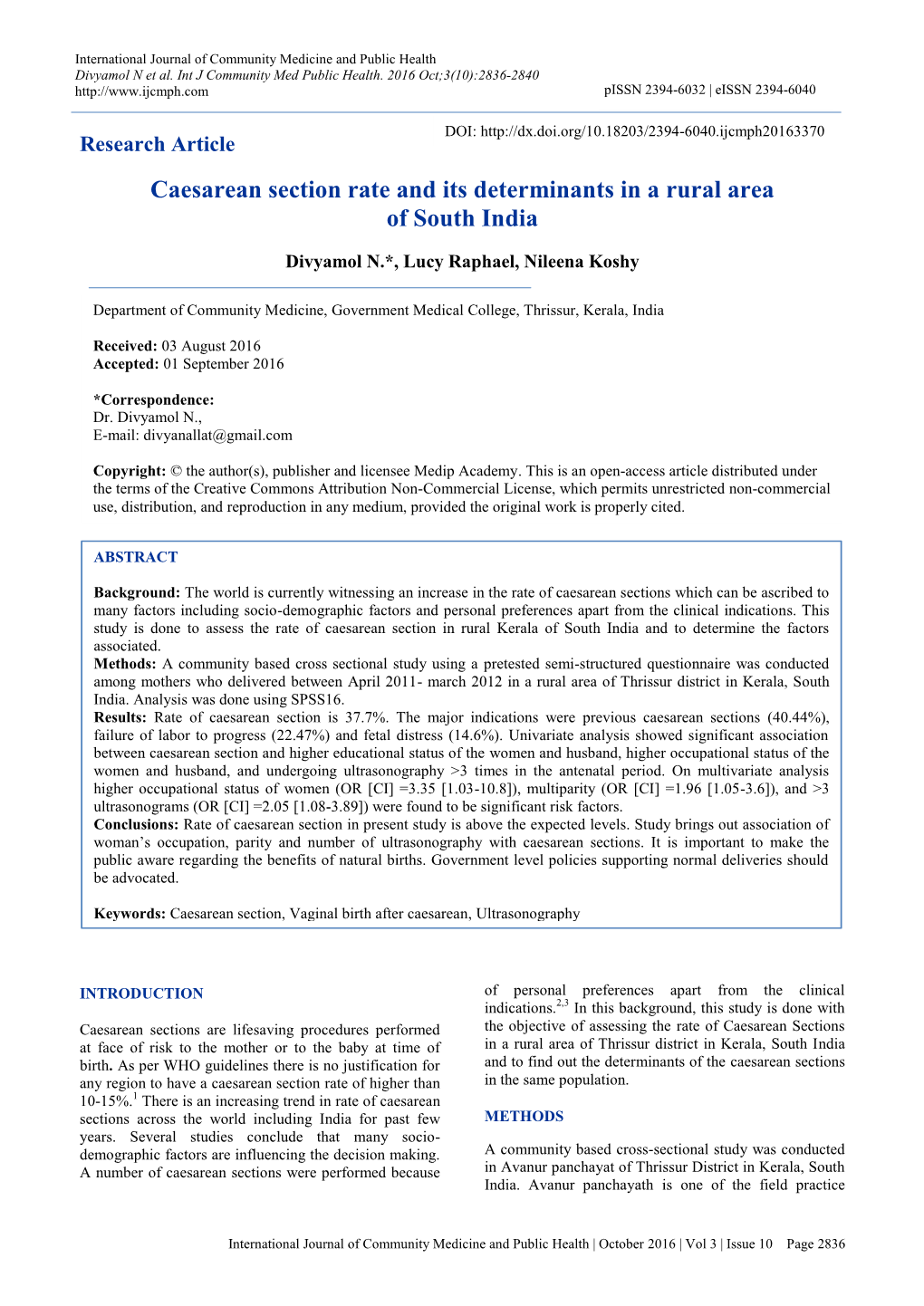 Caesarean Section Rate and Its Determinants in a Rural Area of South India