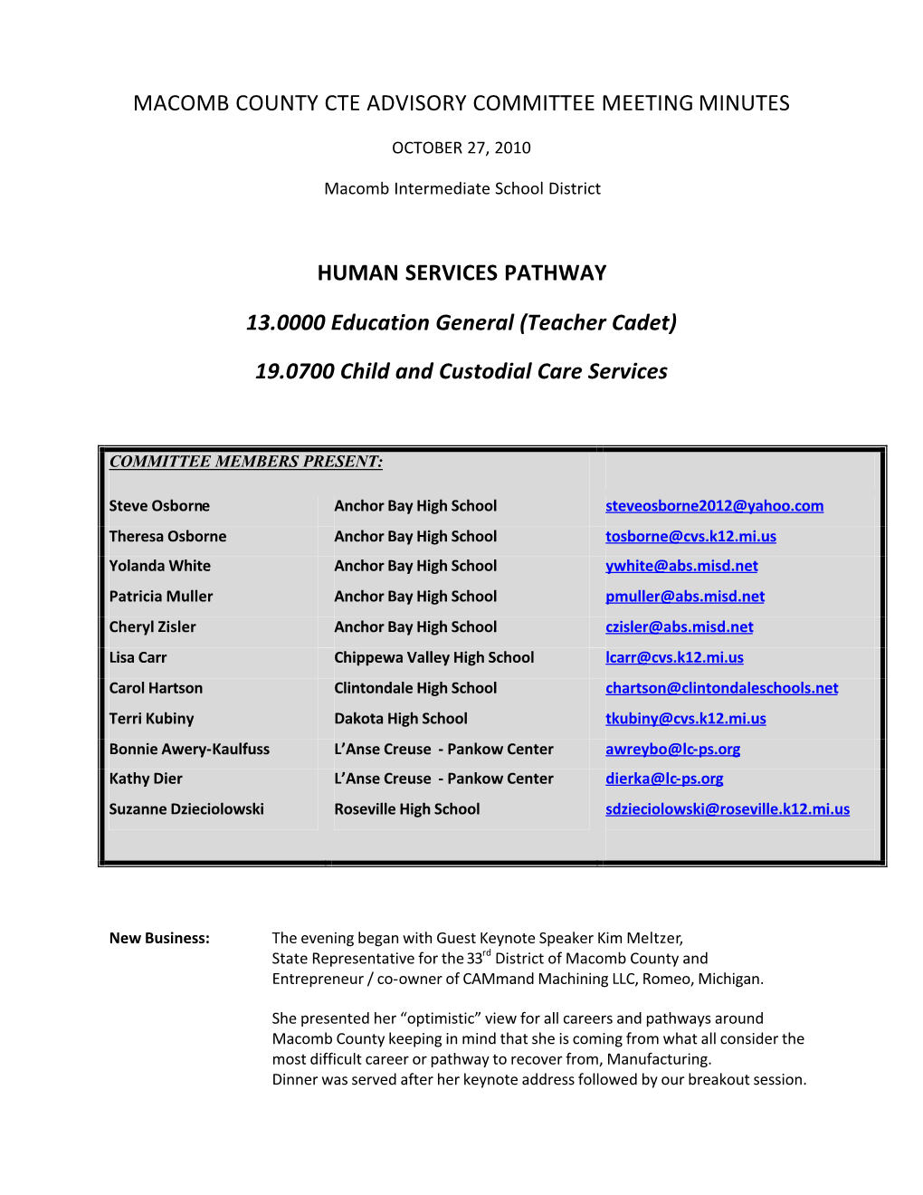 Macomb County Cte Advisory Committee Meeting Minutes Human Services