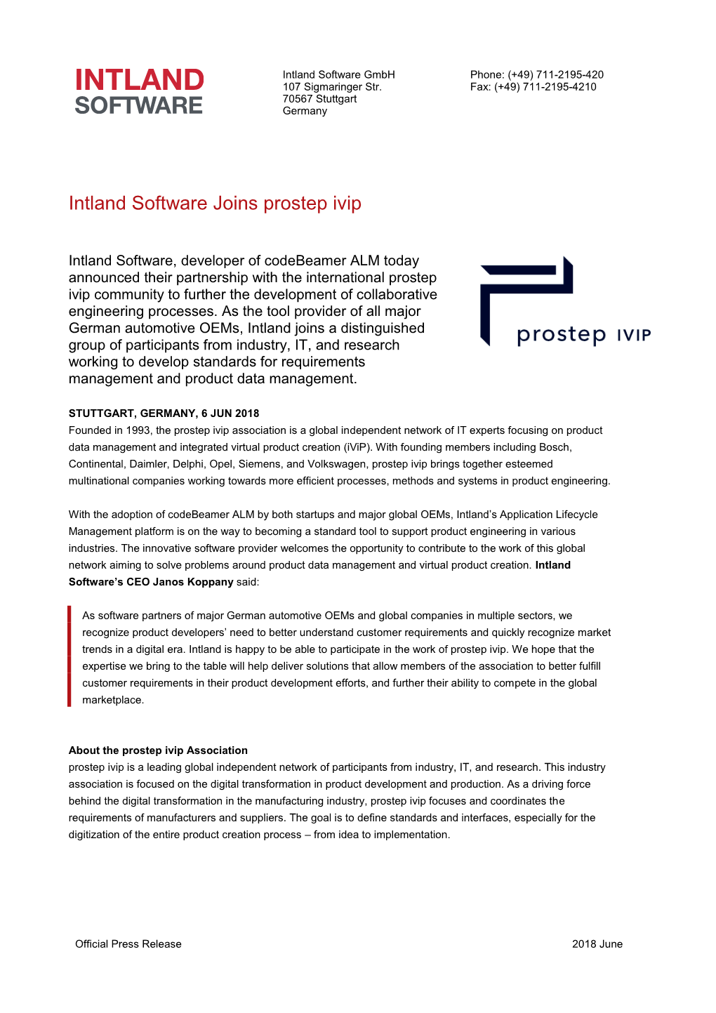 Intland Software Joins Prostep Ivip