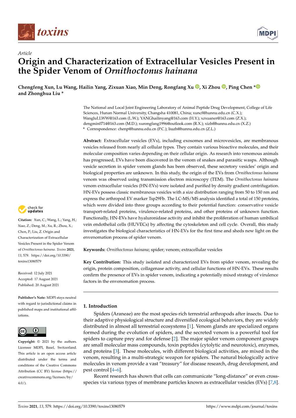 Origin and Characterization of Extracellular Vesicles Present in the Spider Venom of Ornithoctonus Hainana