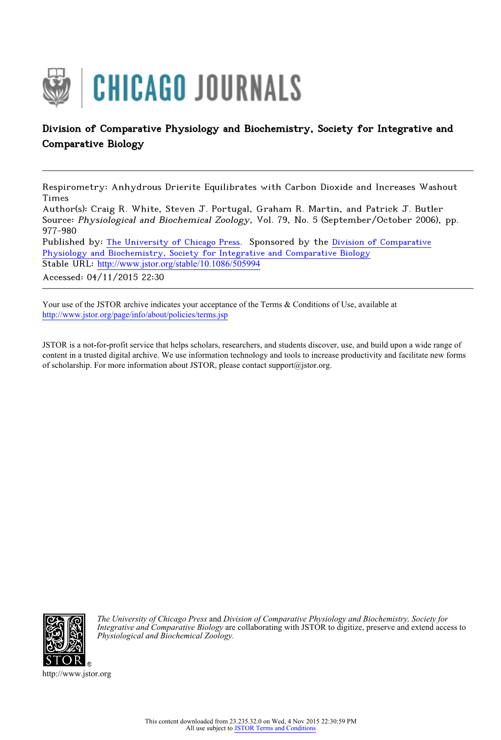 Respirometry: Anhydrous Drierite Equilibrates with Carbon Dioxide and Increases Washout Times Author(S): Craig R