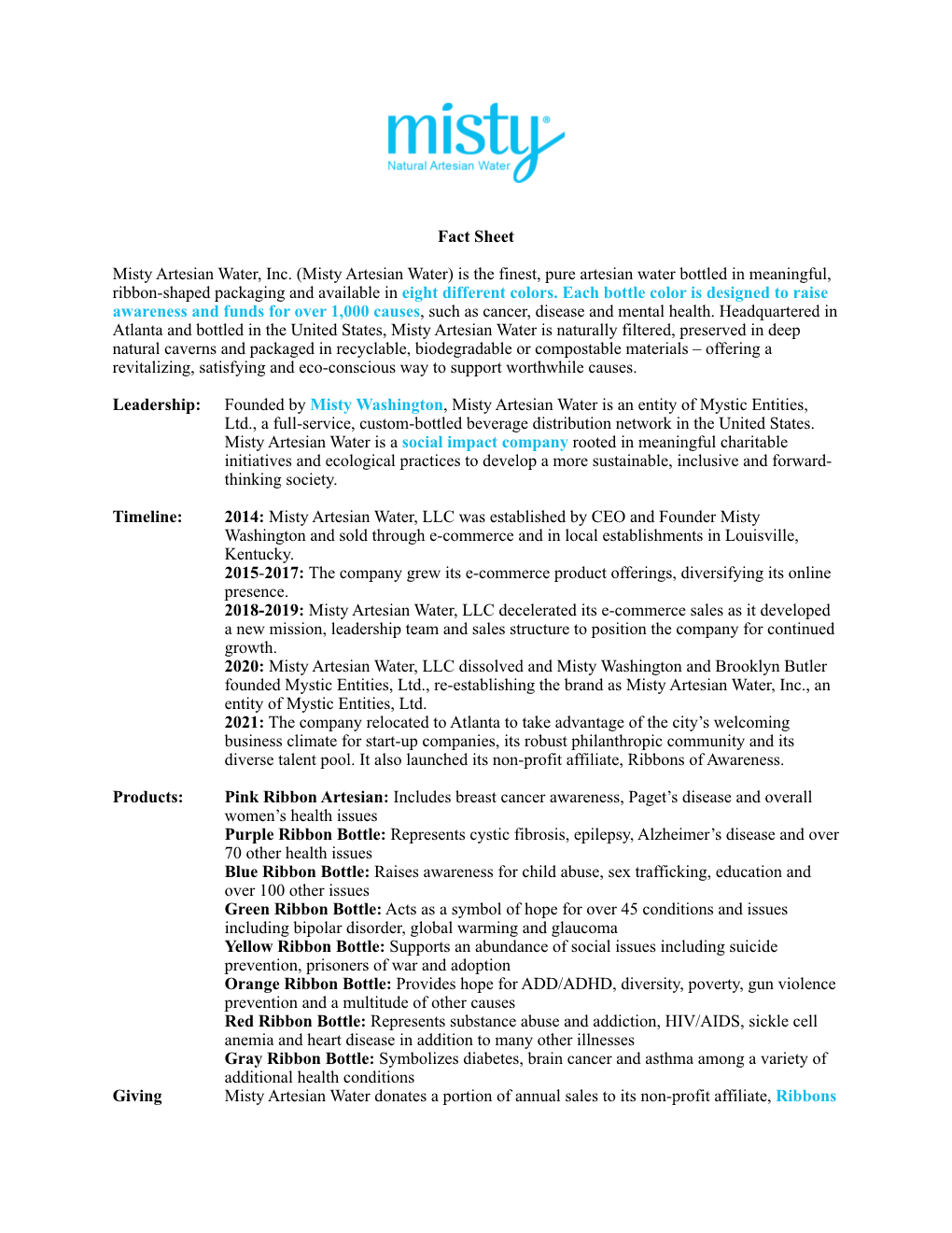 Misty Artesian Water Fact Sheet 2021