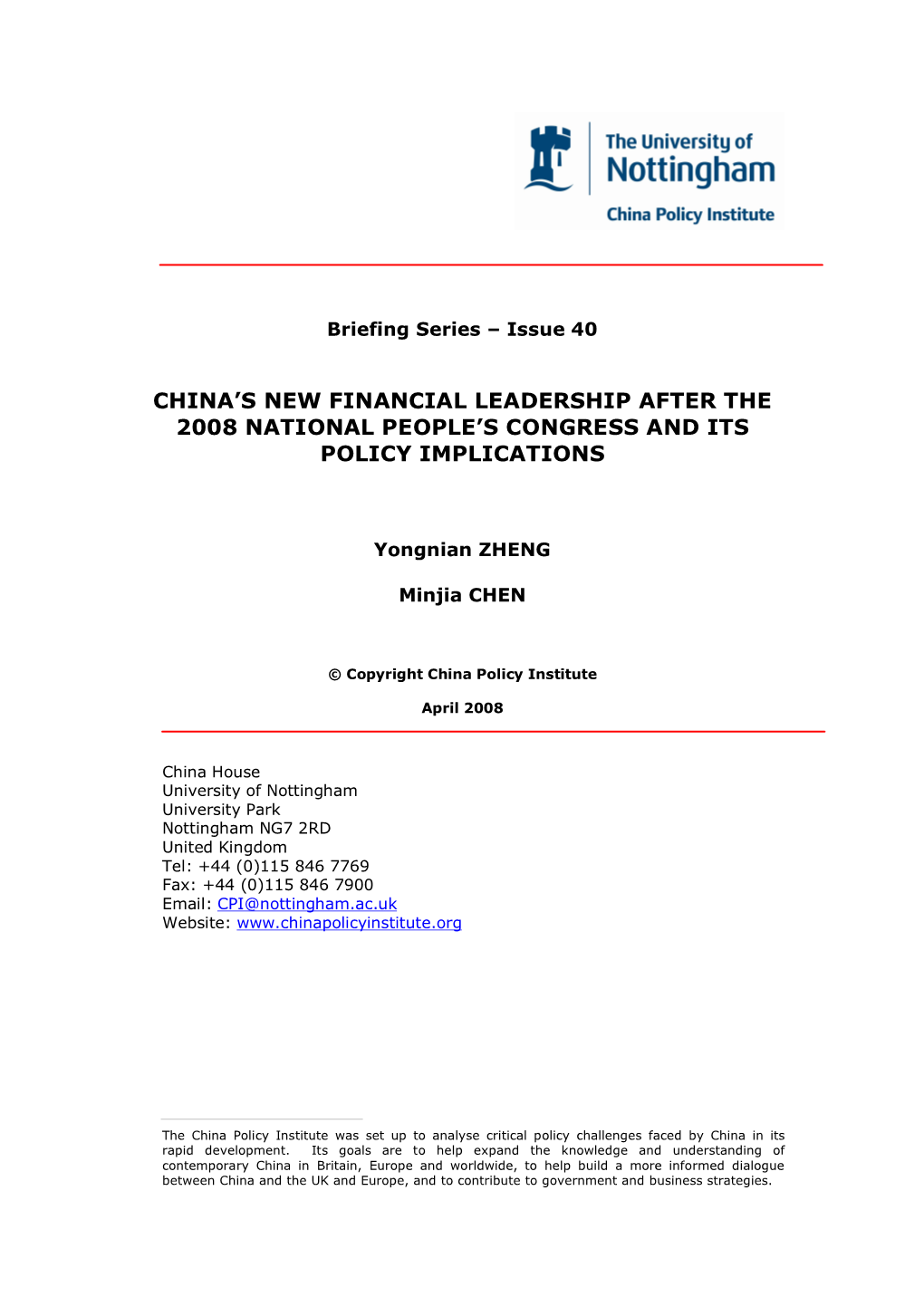 China's New Financial Leadership After the 2008 National People's Congress and Its Policy Implications