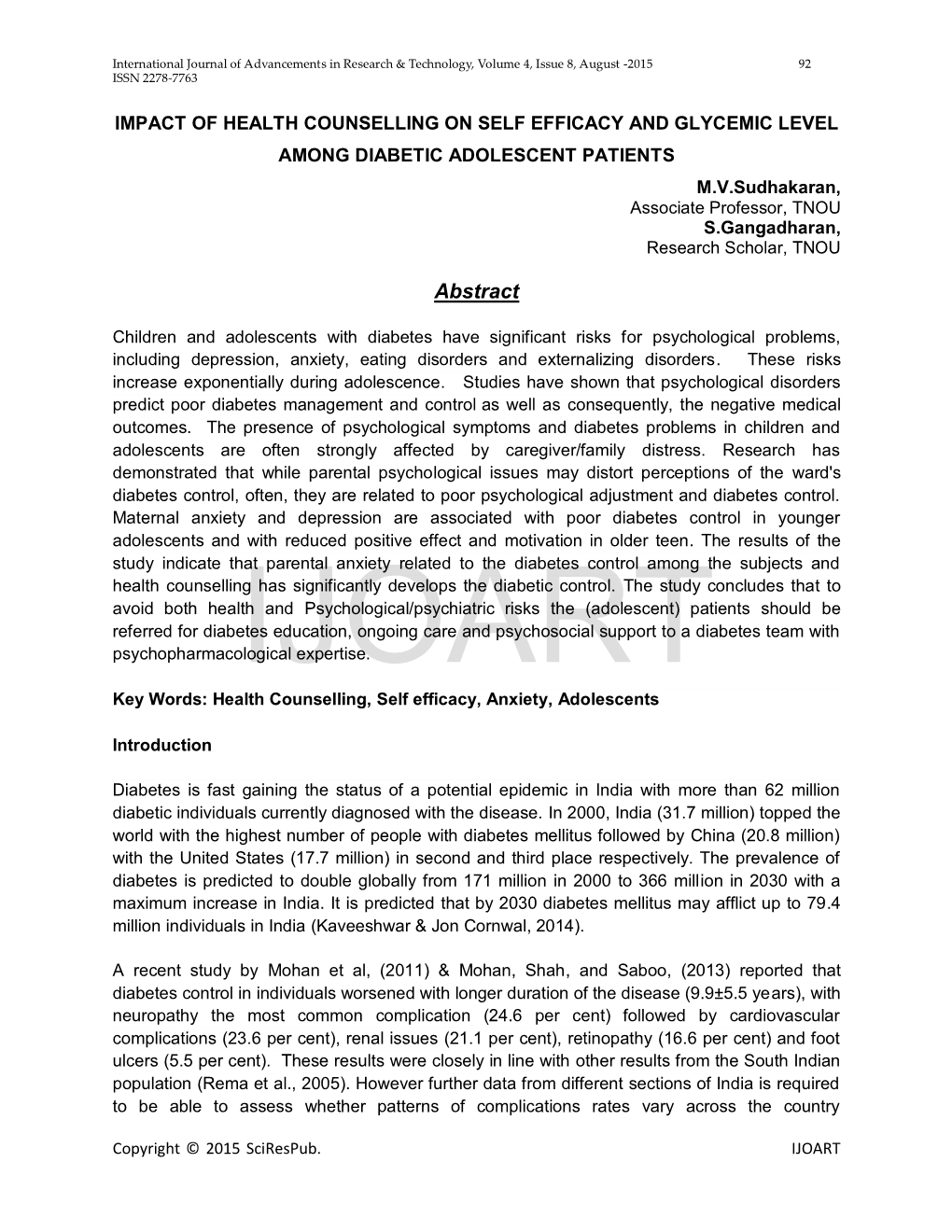 Impact of Health Counselling on Self Efficacy and Glycemic Level Among Diabetic Adolescent Patients