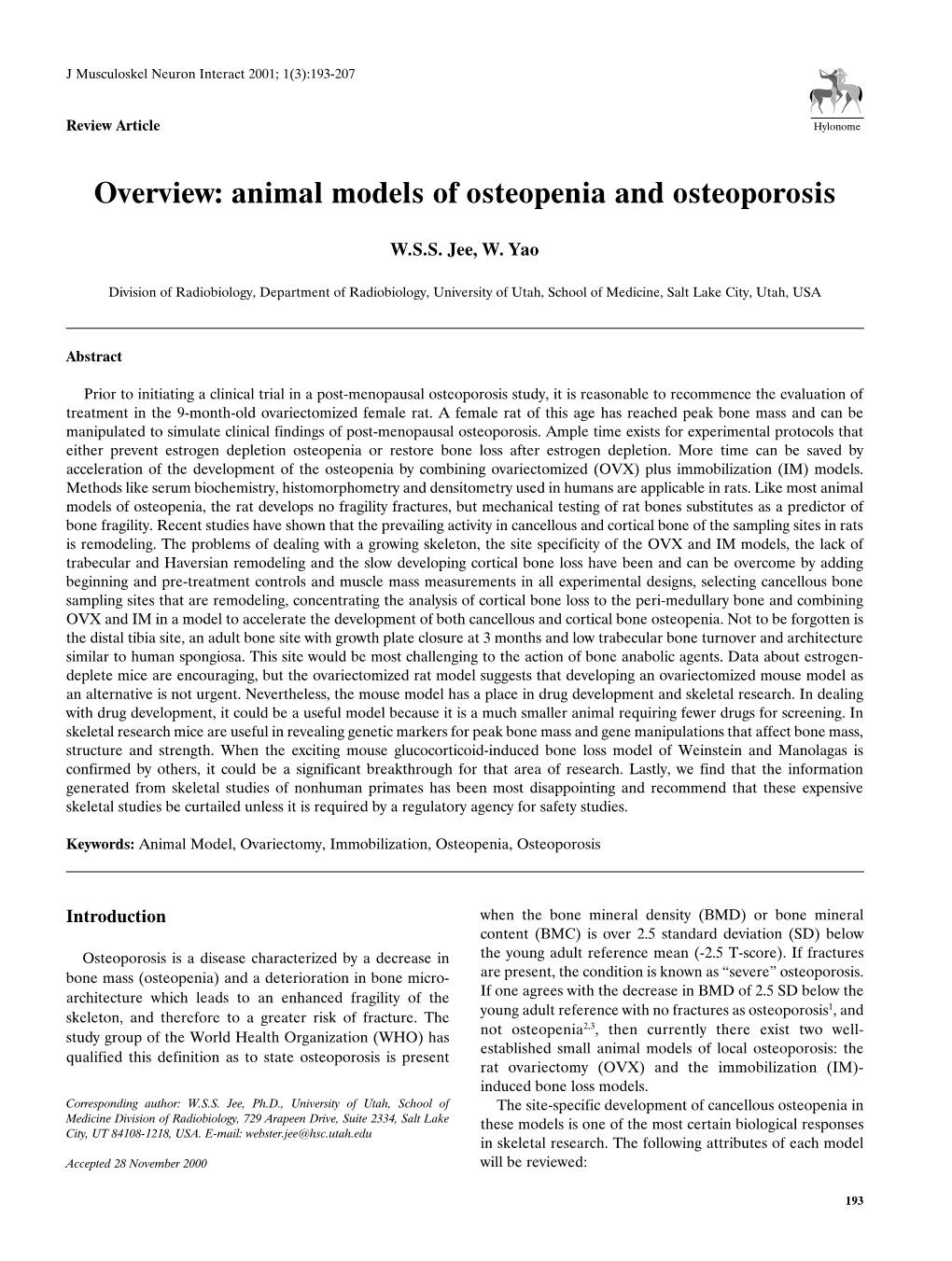 Overview: Animal Models of Osteopenia and Osteoporosis