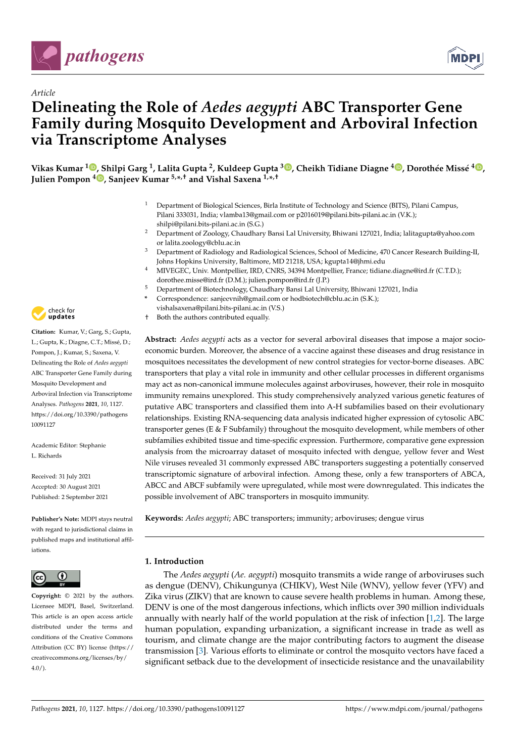 Delineating the Role of Aedes Aegypti ABC Transporter Gene Family During Mosquito Development and Arboviral Infection Via Transcriptome Analyses