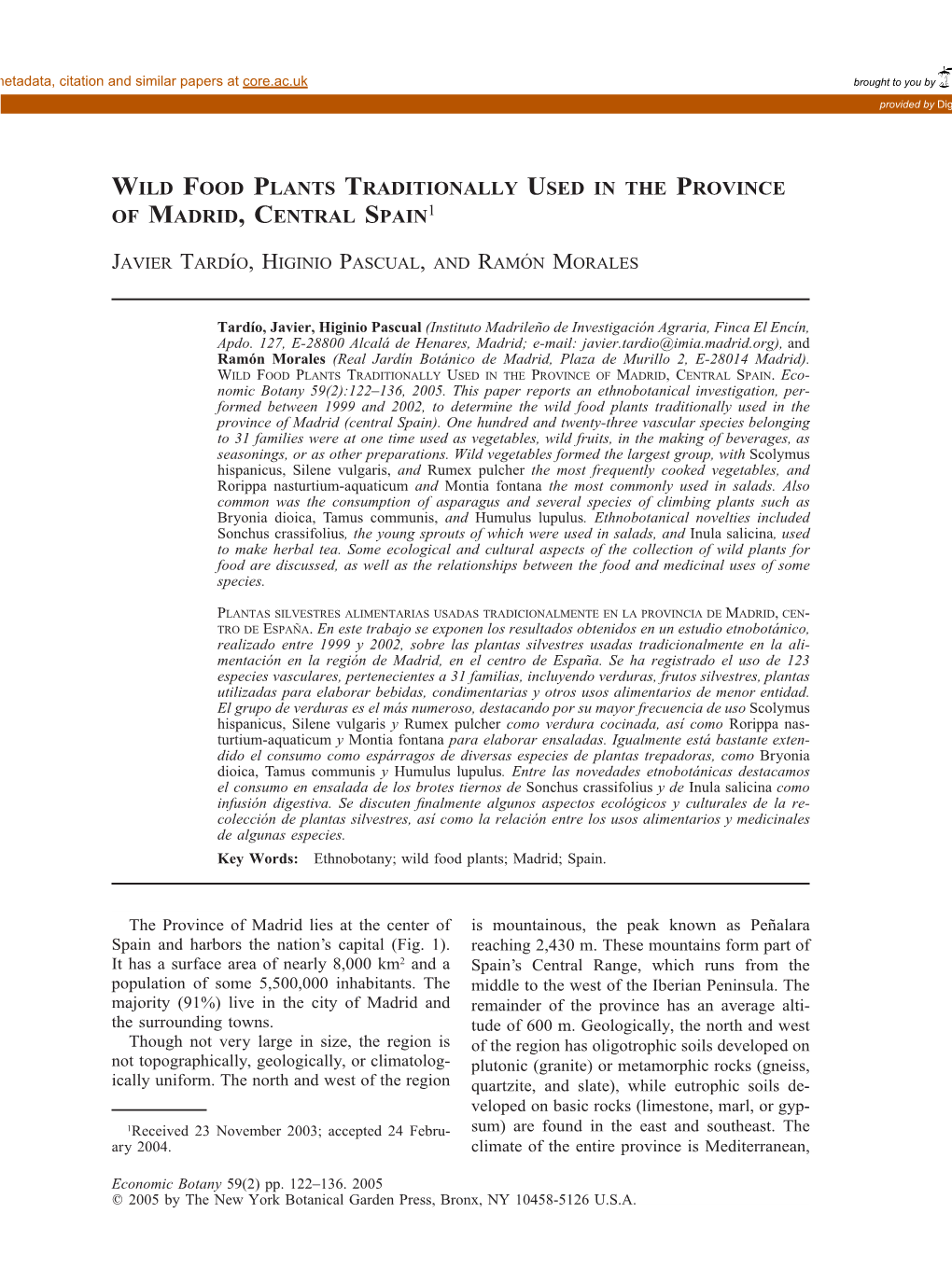 Wild Food Plants Traditionally Used in the Province of Madrid, Central Spain. Econ Bot59