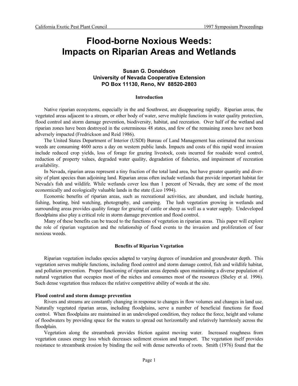 Flood-Borne Noxious Weeds: Impacts on Riparian Areas and Wetlands