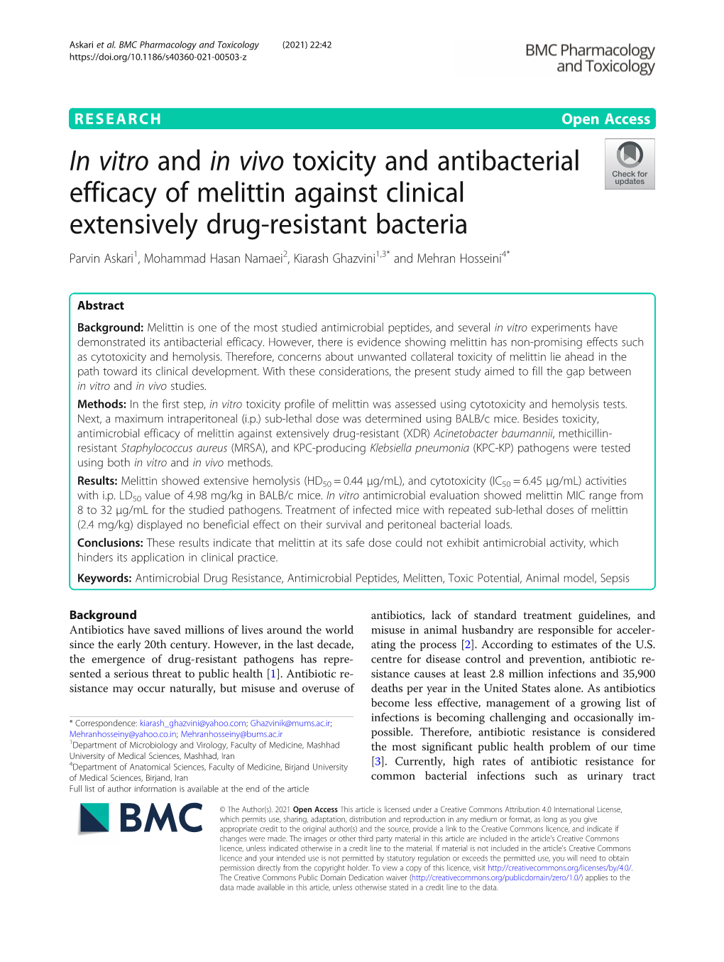 In Vitro and in Vivo Toxicity and Antibacterial Efficacy of Melittin