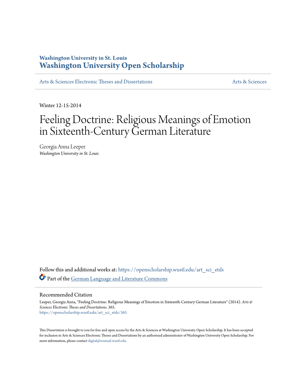 Religious Meanings of Emotion in Sixteenth-Century German Literature Georgia Anna Leeper Washington University in St
