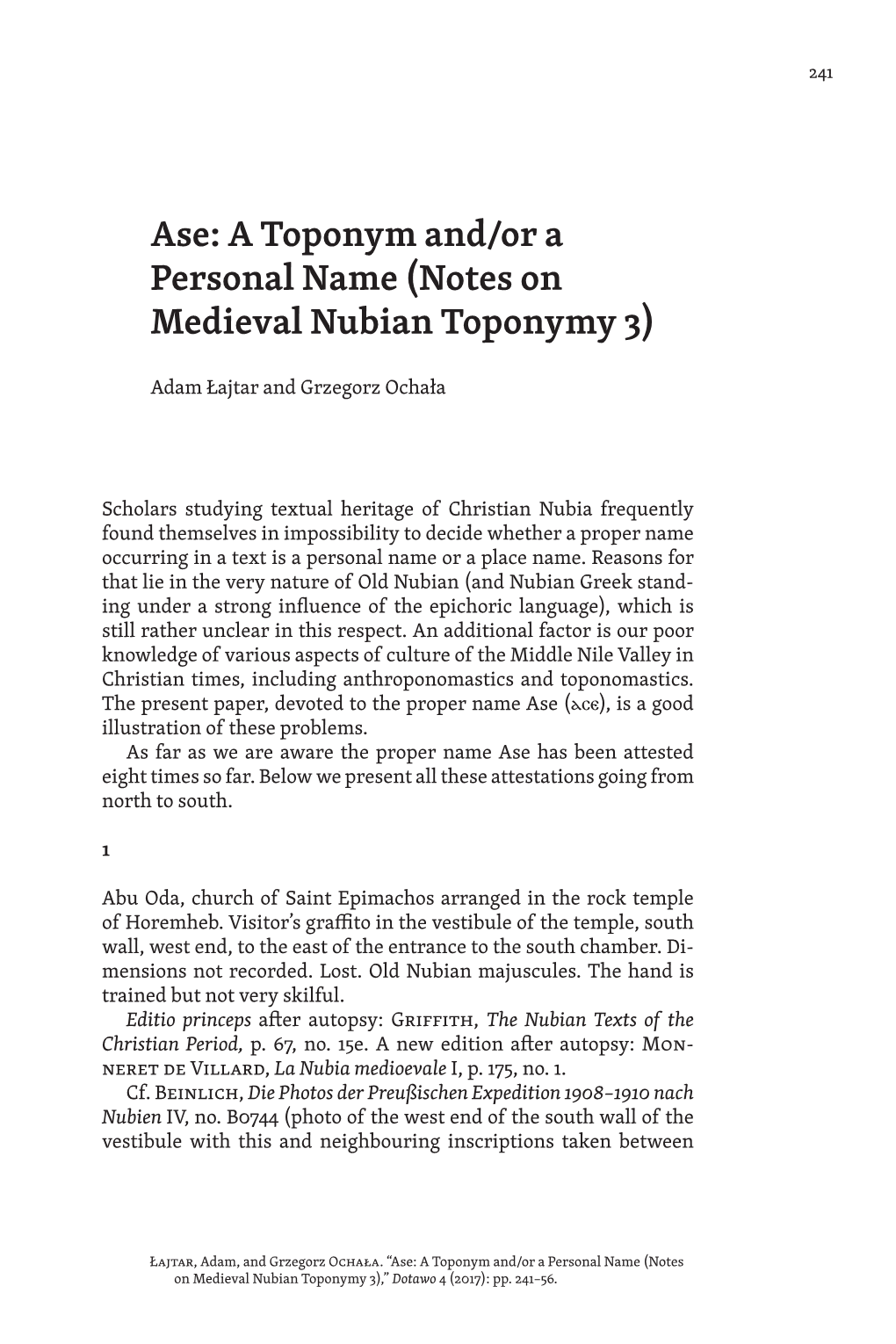 Ase: a Toponym And/Or a Personal Name (Notes on Medieval Nubian Toponymy 3)