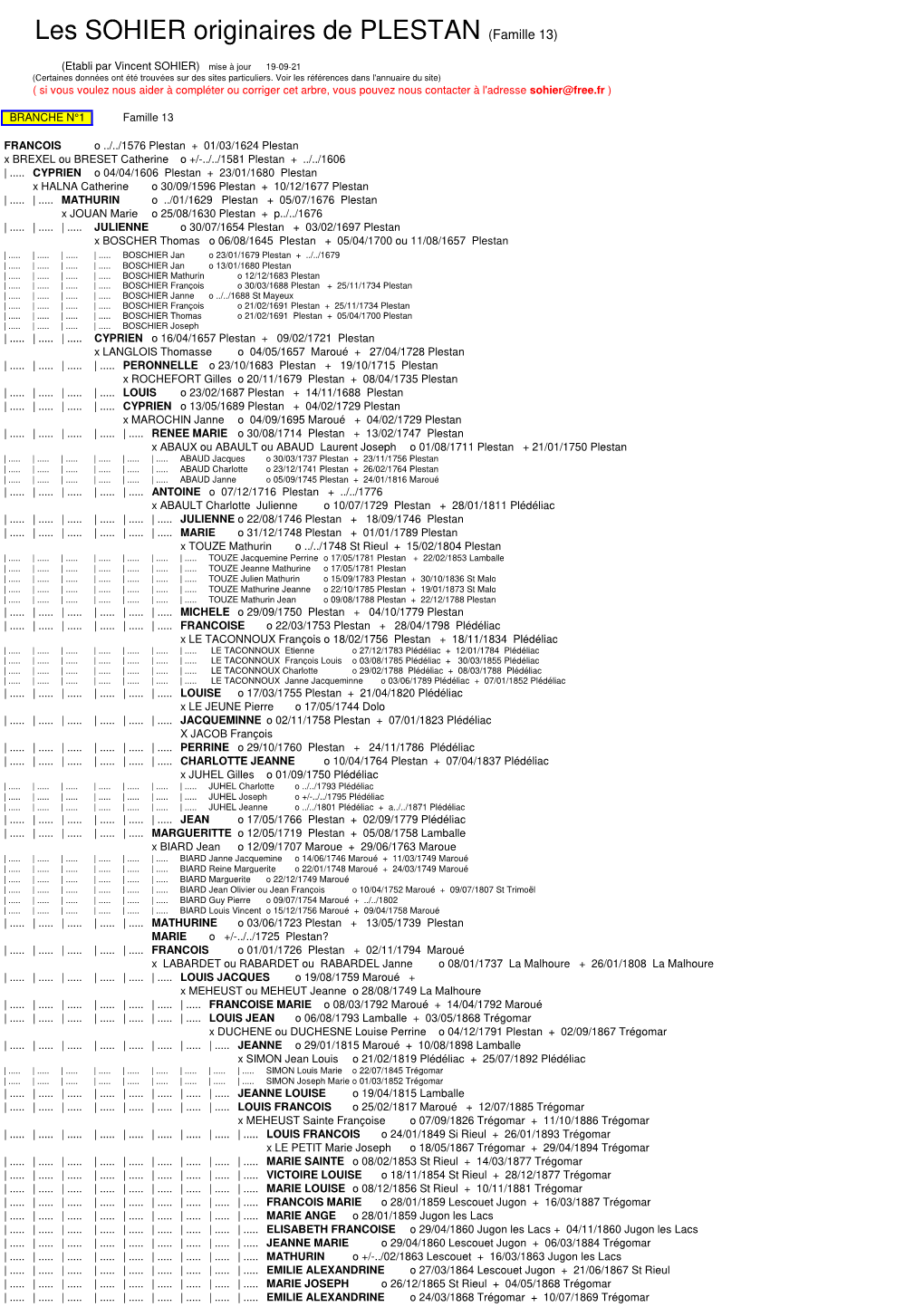 Les SOHIER Originaires De PLESTAN (Famille 13)