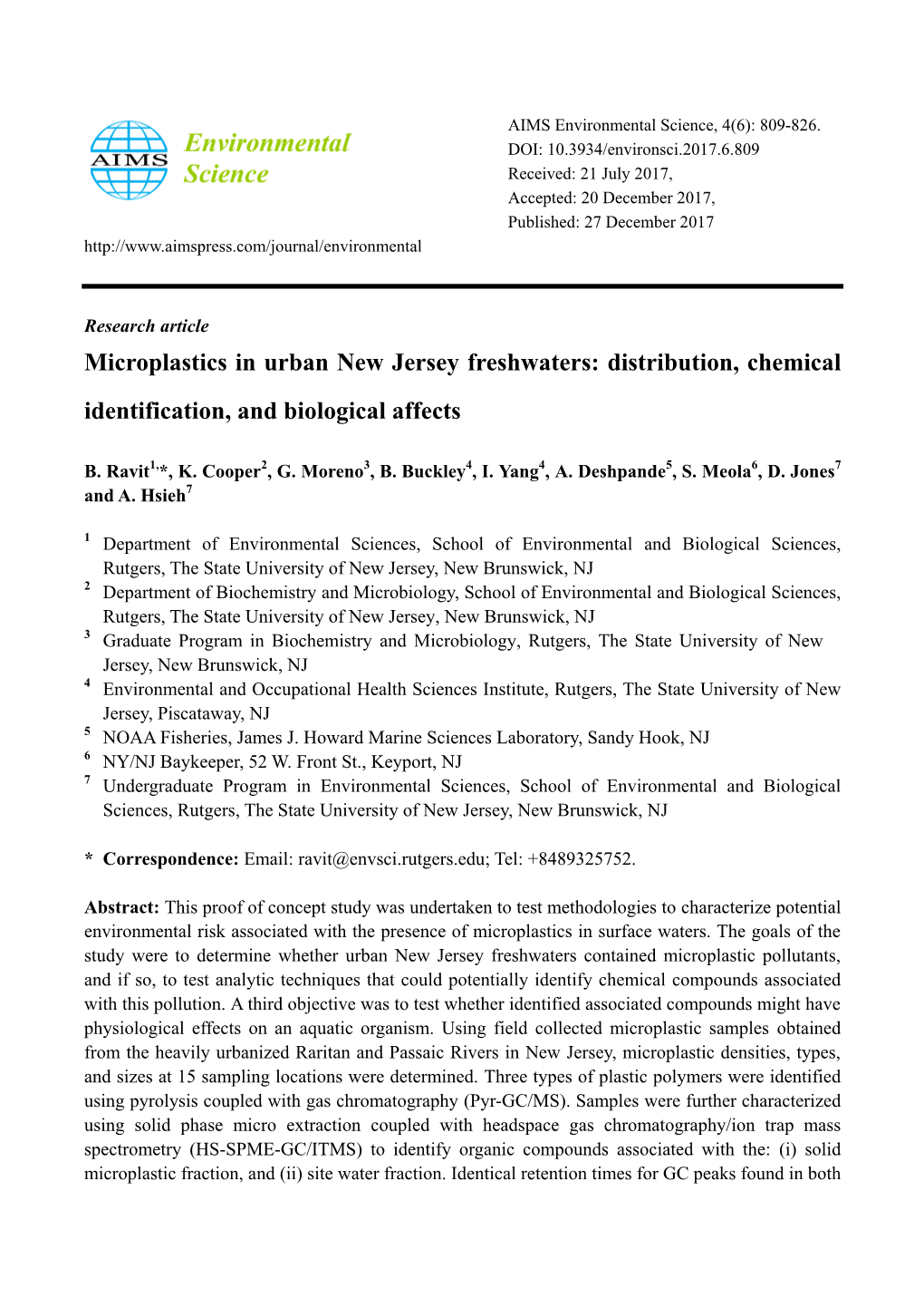 Microplastics in Urban New Jersey Freshwaters: Distribution, Chemical Identification, and Biological Affects