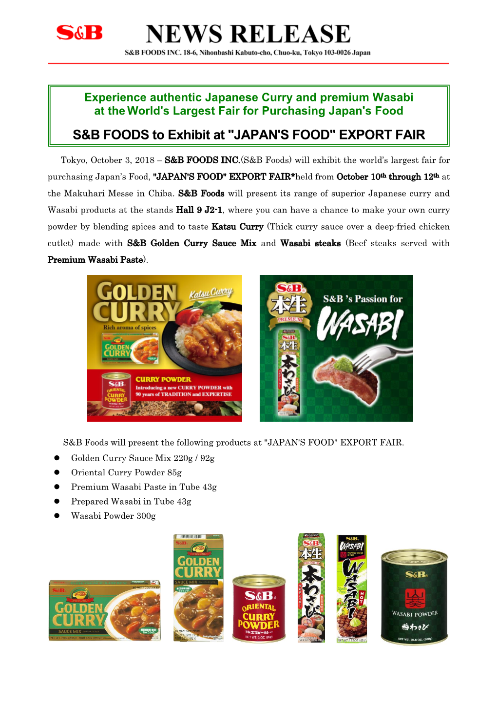 S&B FOODS to Exhibit at 