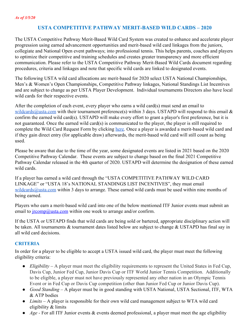 Usta Competitive Pathway Merit-Based Wild Cards – 2020