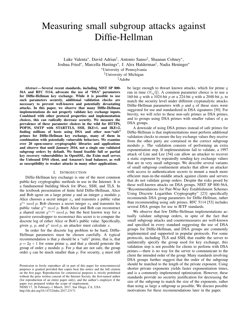 Measuring Small Subgroup Attacks Against Diffie-Hellman