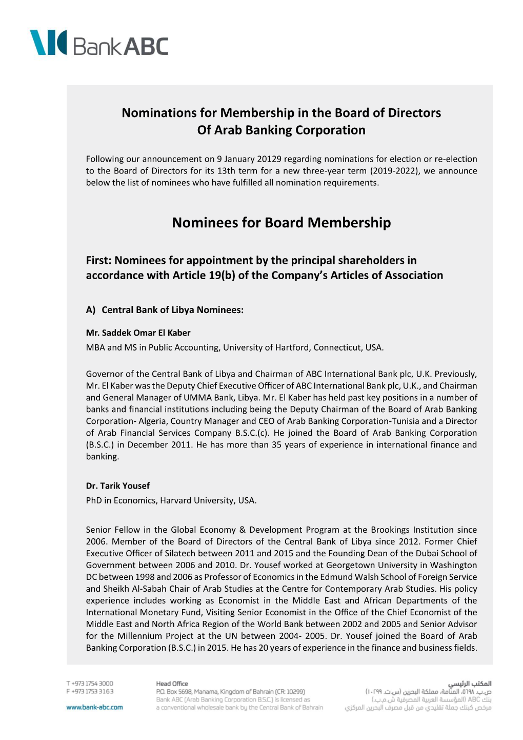 Nominations for Membership in the Board of Directors of Arab Banking Corporation