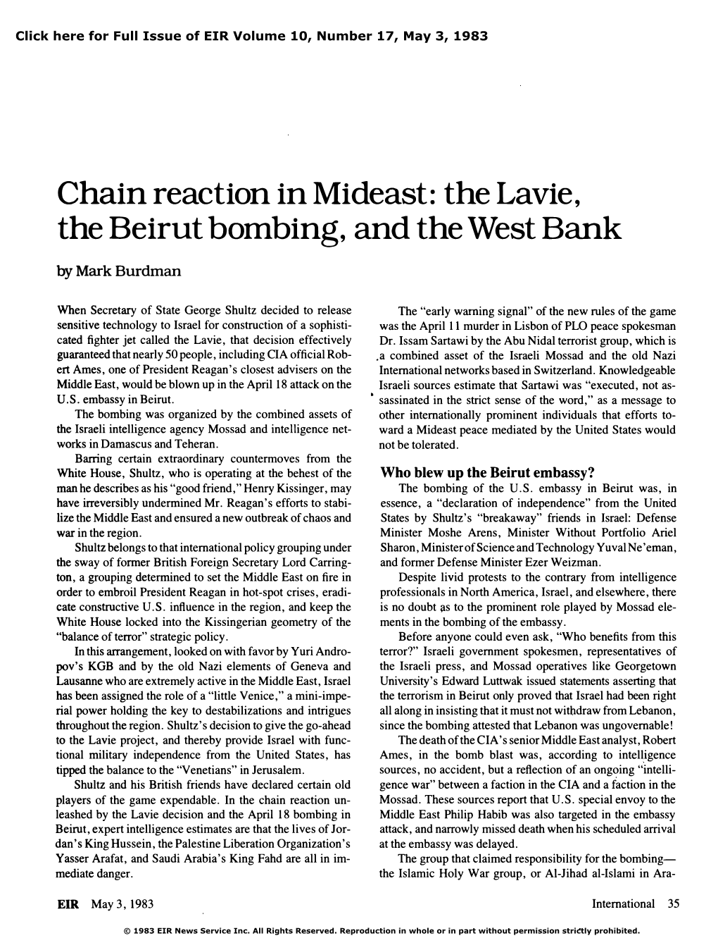 Chain Reaction in Mideast: the Lavie, the Beirut Bombing, and the West Bank